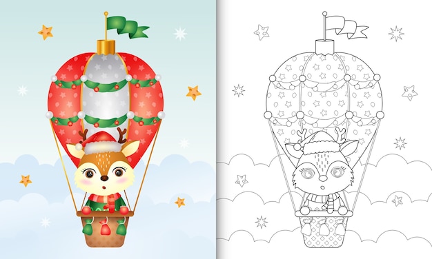 Coloring book with a cute deer christmas characters on hot air balloon with a santa hat, jacket and scarf