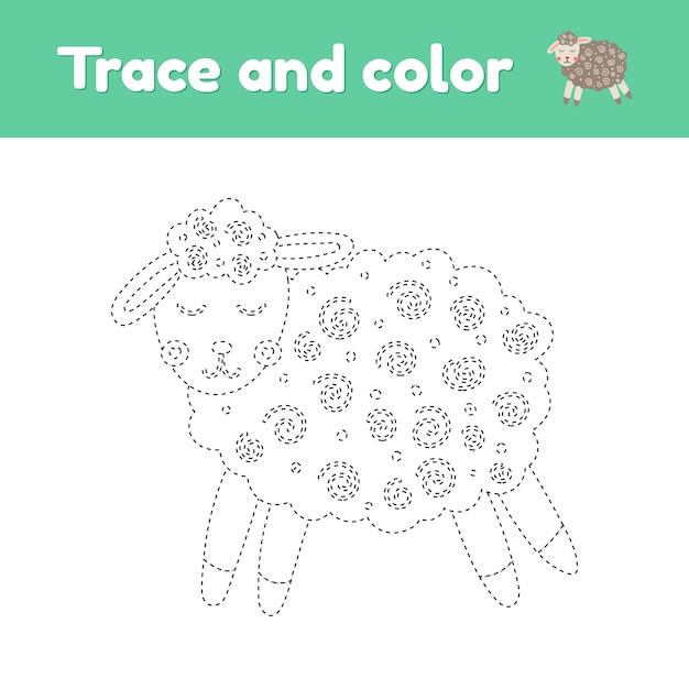 Coloring book with cute farm animal a sheep. For kids kindergarten, preschool and school age. Trace worksheet. Development of fine motor skills and handwriting. Vector illustration.