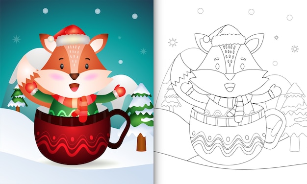 Libro da colorare con una simpatica volpe personaggi natalizi con un cappello da babbo natale e una sciarpa nella tazza