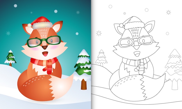 Coloring book with a cute fox christmas characters with using santa hat and scarf