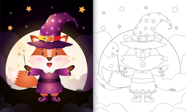 Coloring book with a cute fox using costume witch halloween