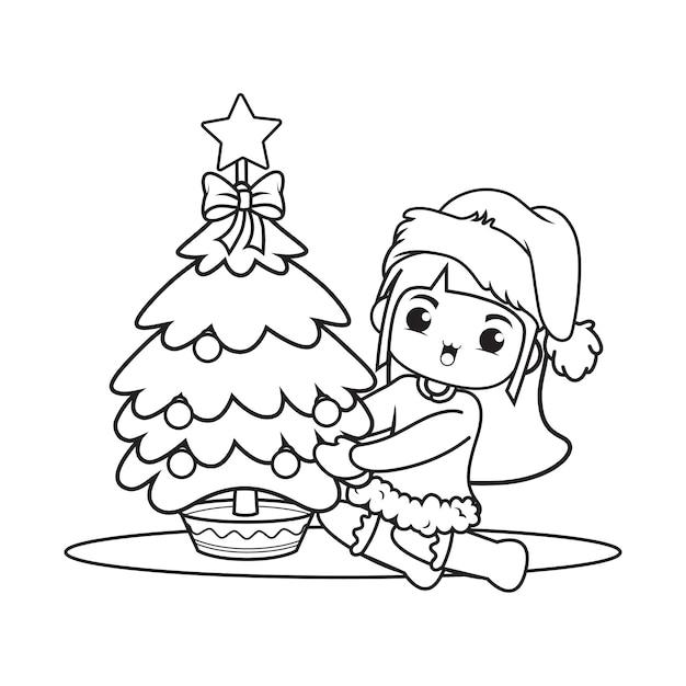 Coloring book with cute girl christmas caracther