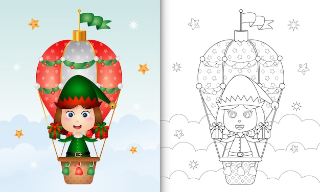 Coloring book with a cute girl elf christmas characters on hot air balloon with a sack of gifts