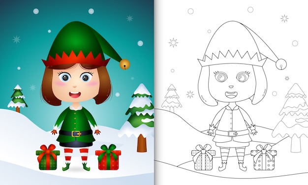 Coloring book with a cute girl elf with a sack of gifts