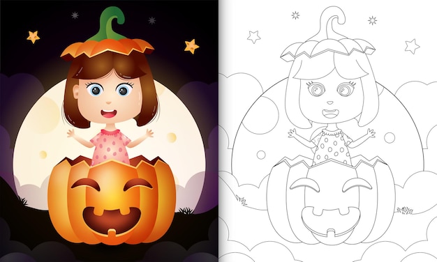 Coloring book with a cute girl in the halloween pumpkin