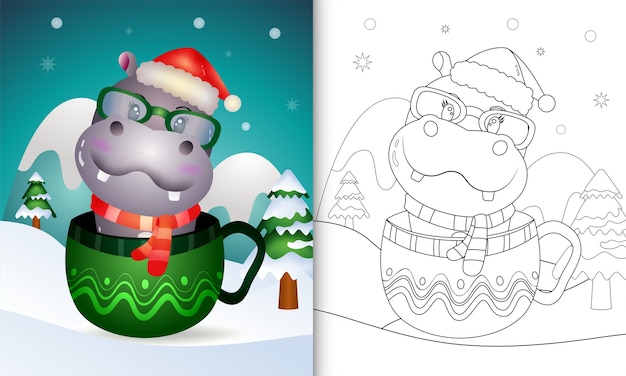 Coloring book with a cute hippo christmas characters with a santa hat and scarf in the cup