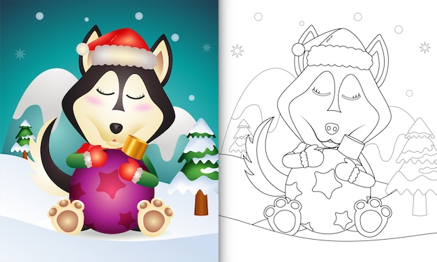 Coloring book with a cute husky dog hug christmas ball
