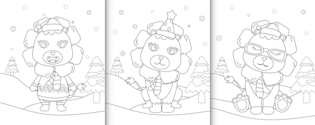 Coloring book with cute lion christmas characters