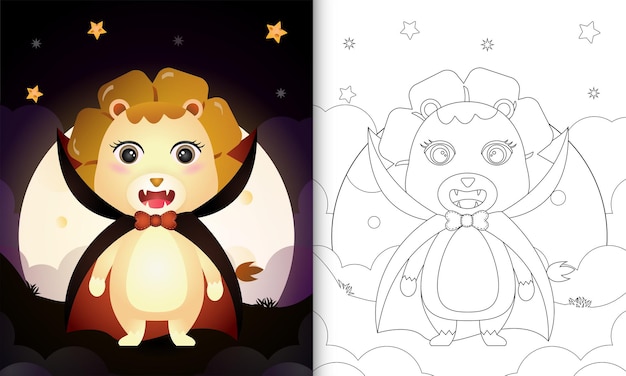 Coloring book with a cute lion using costume dracula halloween