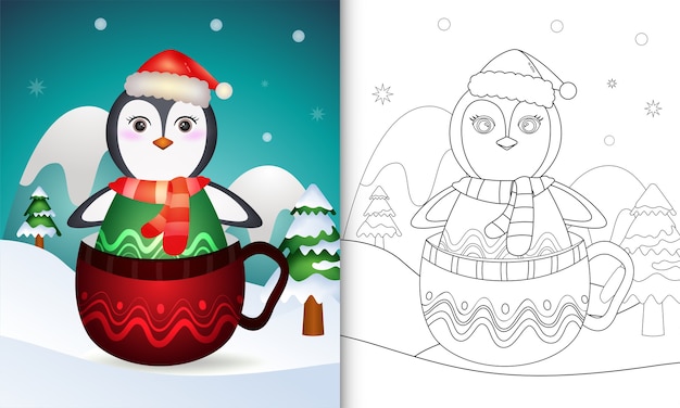 Coloring book with a cute penguin christmas characters
