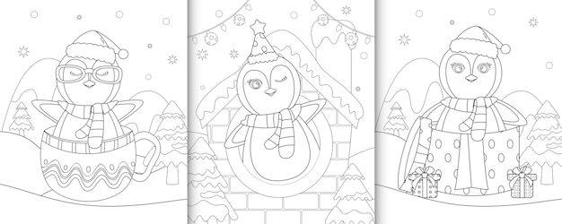 Книжка-раскраска с милыми рождественскими персонажами пингвинов