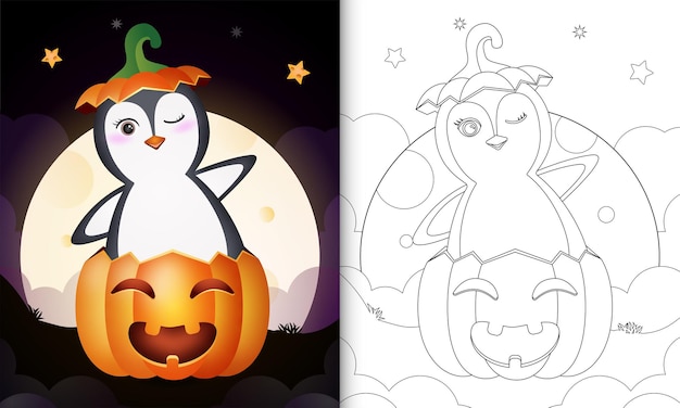 Coloring book with a cute penguin in the halloween pumpkin