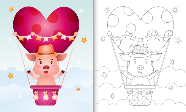 Coloring book with a cute pig male on hot air balloon love themed valentine day