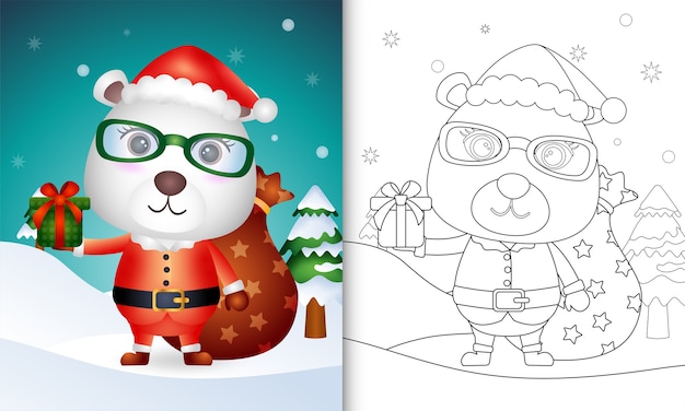 Coloring book with a cute polar bear using santa clause costume