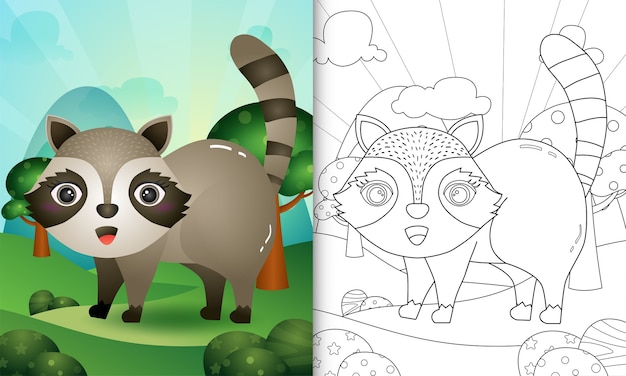 Coloring book with a cute raccoon character illustration