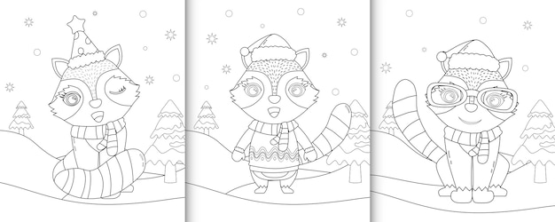 かわいいアライグマのクリスマスキャラクターの塗り絵