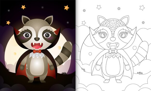 Coloring book with a cute raccoon using costume dracula halloween