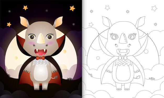 Coloring book with a cute rhino using costume dracula halloween