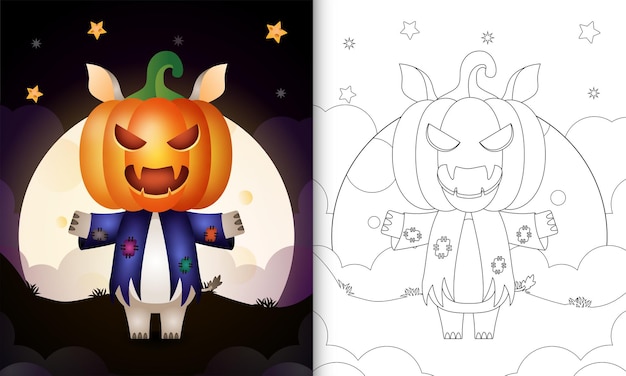 Coloring book with a cute rhino using costume scarecrow and pumpkin halloween