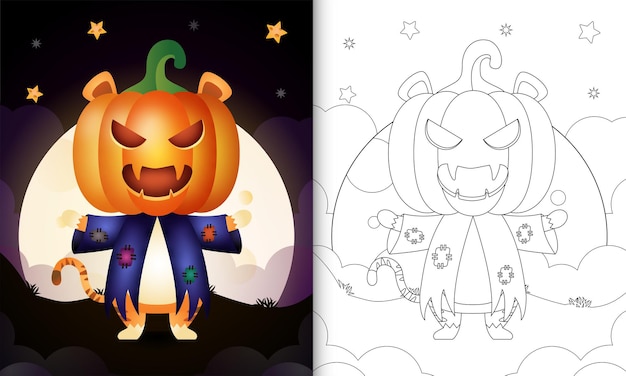 Libro da colorare con una tigre carina con costume spaventapasseri e zucca halloween pumpkin