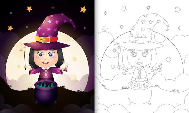 Coloring book with a cute witch halloween