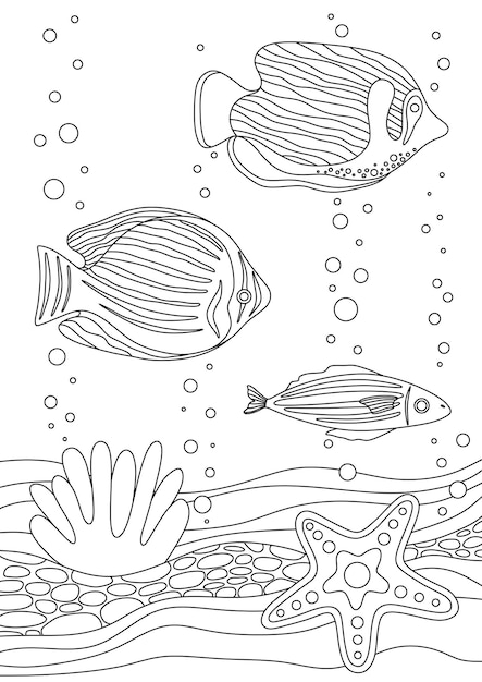 Coloring book with exotic fish and sea stars on the bottom in vector