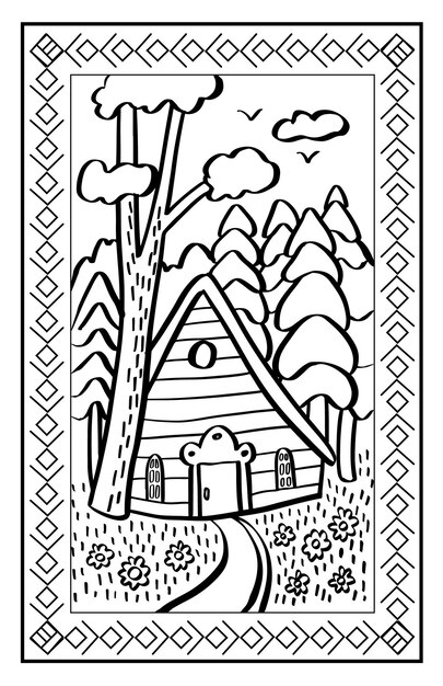 Coloring book with fairy forest and cottege wooden house