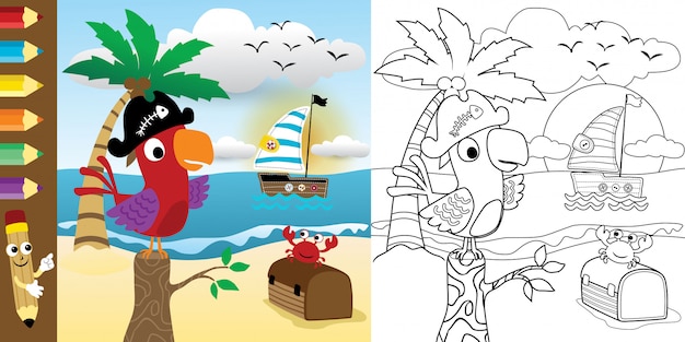 coloring book with funny bird cartoon in the beach