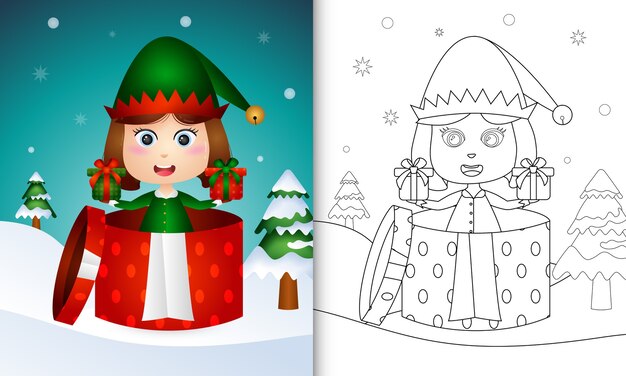 Coloring book with a girl elf christmas characters