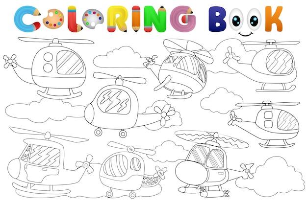 Libro da colorare con cartoni animati di elicotteri e nuvole