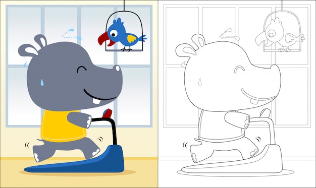 coloring book with hippo cartoon running on a treadmill