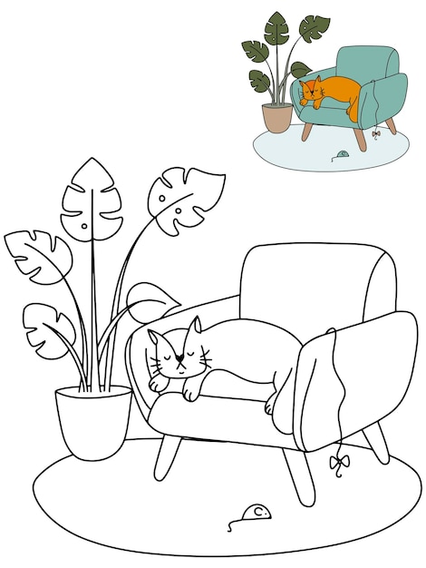 Coloring book with sleeping cat on the chair. Vector illustration.