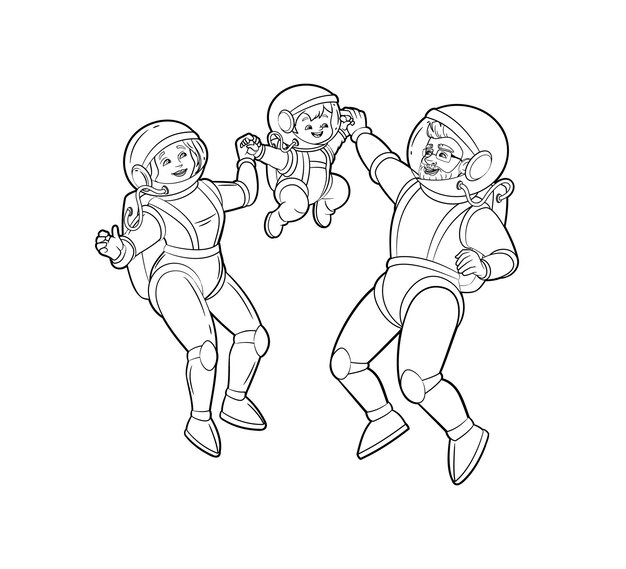 Coloring bookAstronaut dad throws his son upsHappy family of astronaut mom dad sonVector black and white illustration Outline Cartoon on white background