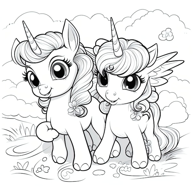 Vector coloring books for kids black and white cartoon baby unicorns with wings