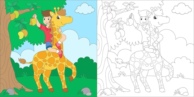 Vector coloring boy and giraffe illustration