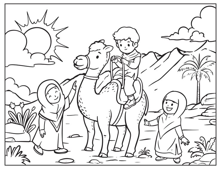 Vector coloring children and camels on the farm