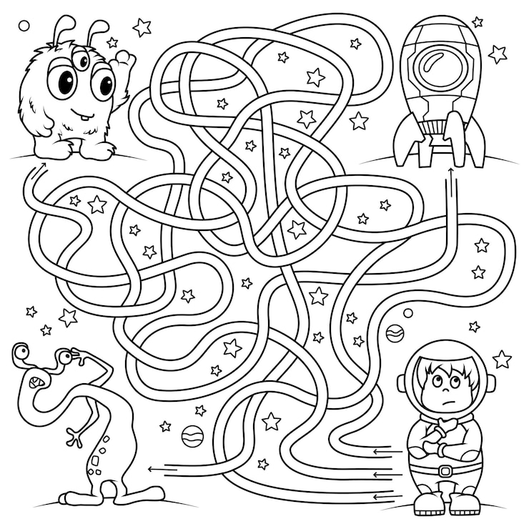 Coloring the contour of the road in space to help the astronaut find the way to the rocket
