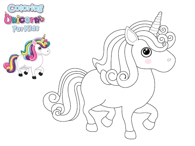 Colorare l'unicorno simpatico cartone animato. gioco educativo per bambini. illustrazione vettoriale con personaggi animali dei cartoni animati