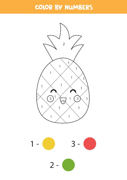 Coloring cute kawaii pineapple by numbers. Educational math game for kids.