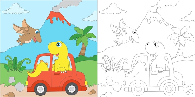 Раскраска динозавр едет на машине