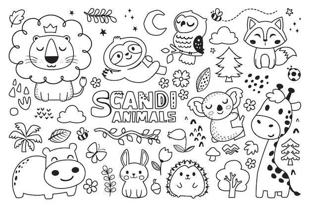 Disegni da colorare doodle animali dei cartoni animati scandinavo clipart per bambini