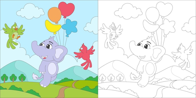 Раскраска слон и воздушный шар