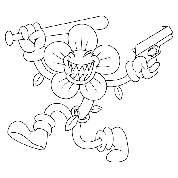 Coloring illustration of cartoon bad flower holding a weapon