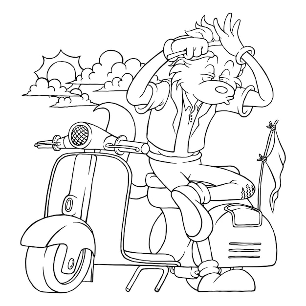 Coloring illustration of cartoon cool scooterist mascot