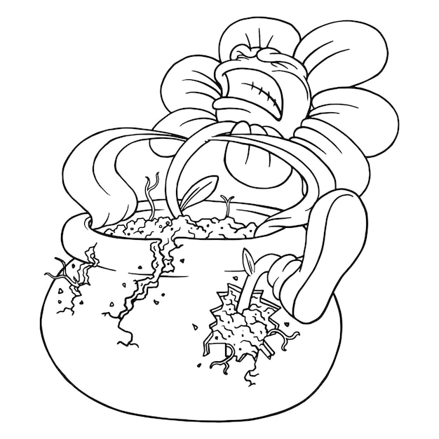 Coloring illustration of cartoon flower breaking his vase