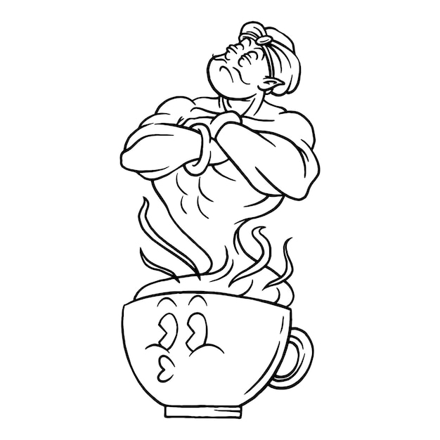 Coloring illustration of cartoon genie coffee mascot