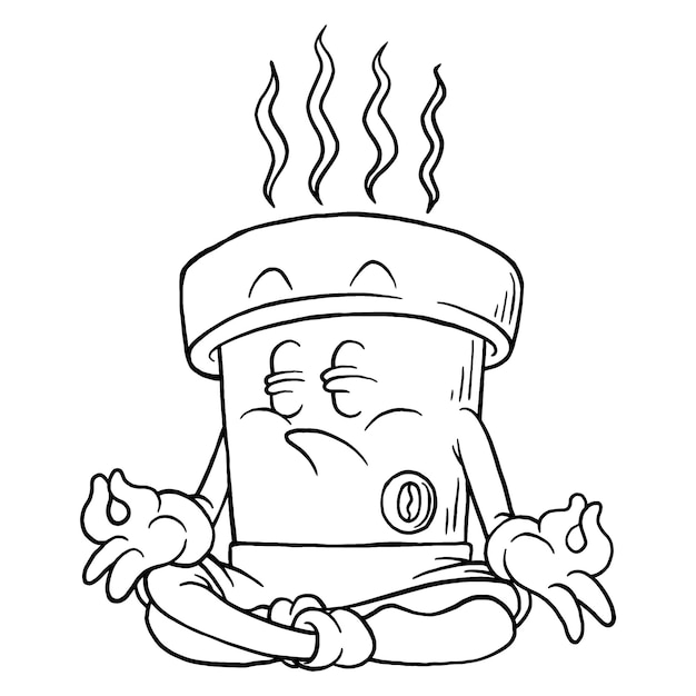 Coloring illustration of cartoon meditating coffee cup