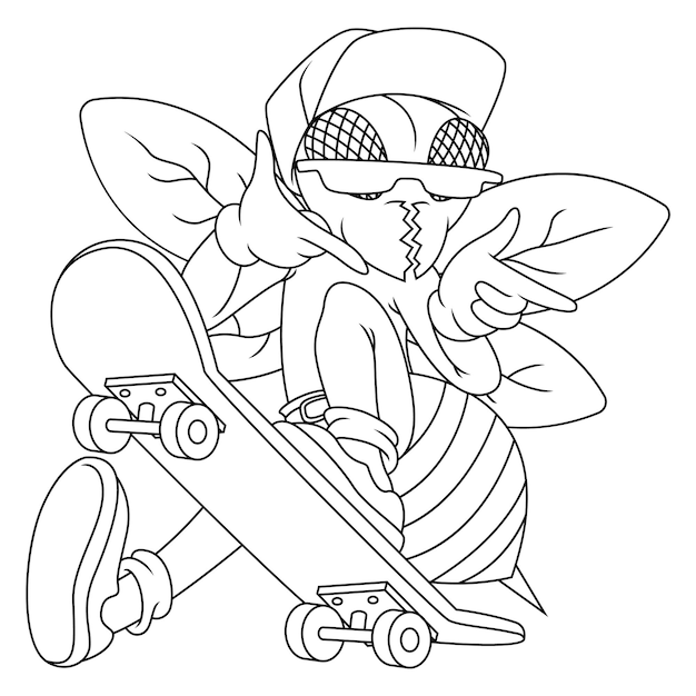 Coloring illustration of cartoon skateboarder bee