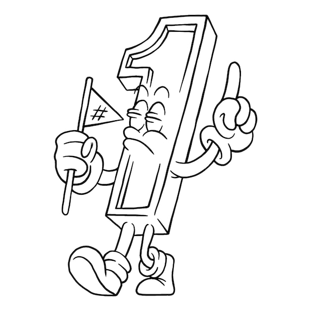 Coloring illustration of cartoon walking number one mascot