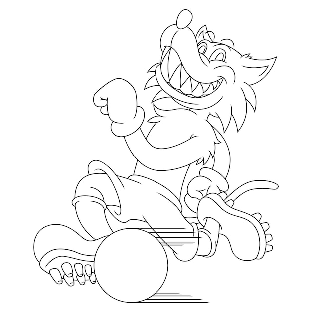 Coloring illustration of cartoon wolf playing football